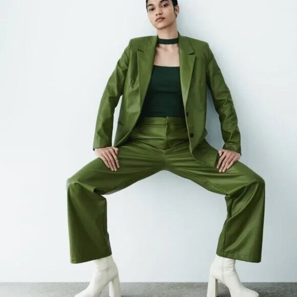 ZARA Size XS Olive Green Faux Leather Full Length Trousers, Exc. Used Condition - Picture 1 of 16